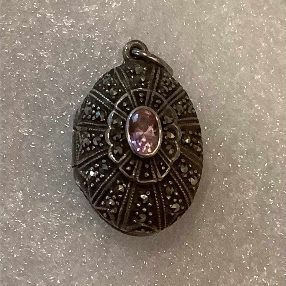 Sterling Silver marked .925 Vintage Marcasite Locket with Pink Topaz Pendant